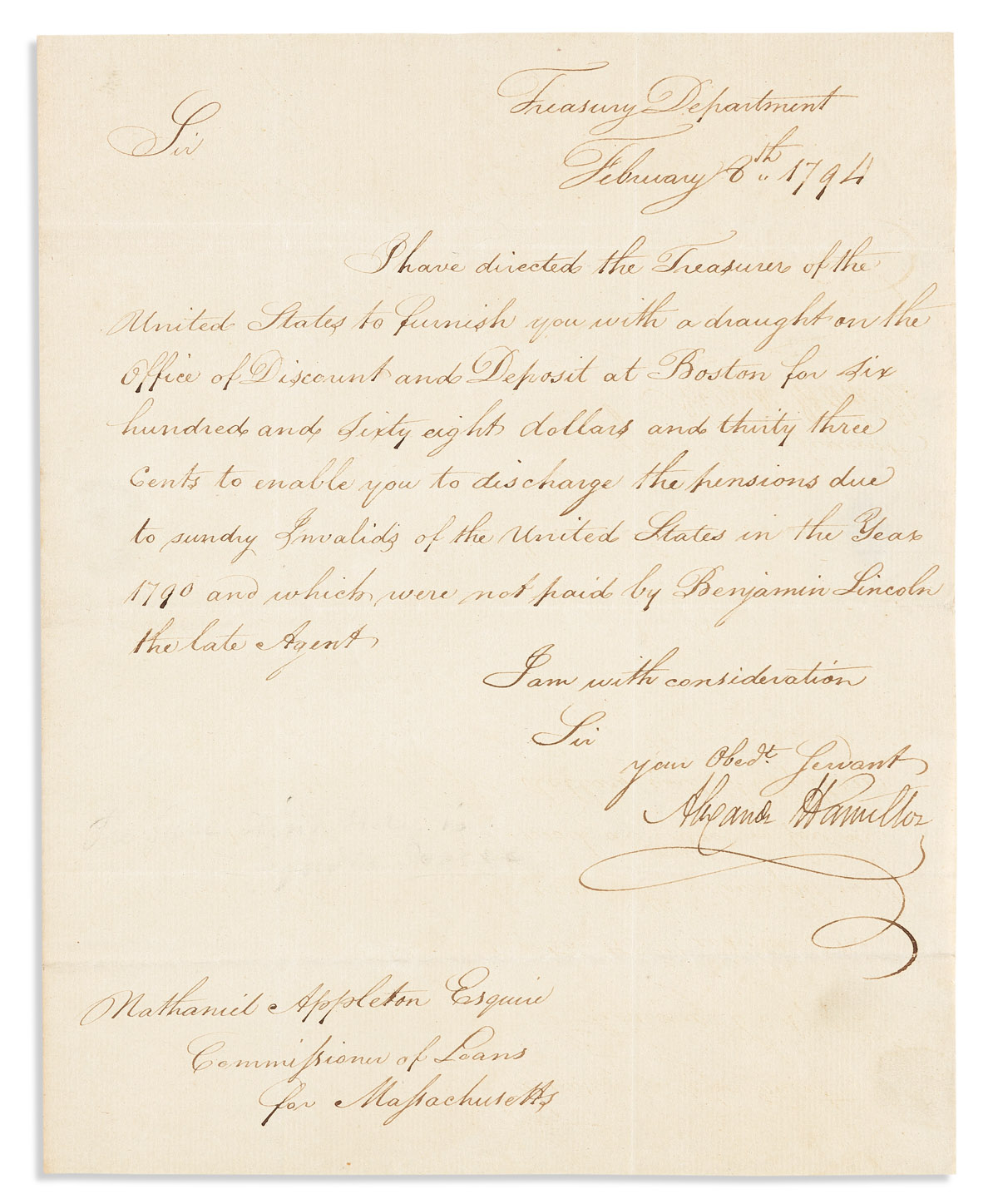 HAMILTON, ALEXANDER. Letter Signed, as Secretary of the Treasury, to MA Commissioner of Loans Nathaniel Appleton,